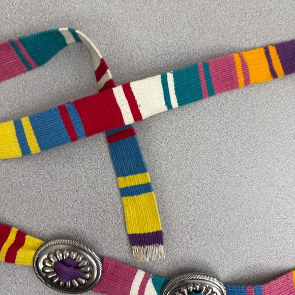 Concho Woven Cotton Belt Womens Multi Silver Boho Hippie Belly Dancer Tie Stripe - Picture 5 of 11